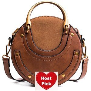 Round Leather Crossbody Bag Small Purse Womens Crossbody Bag - Brown (Restocked)